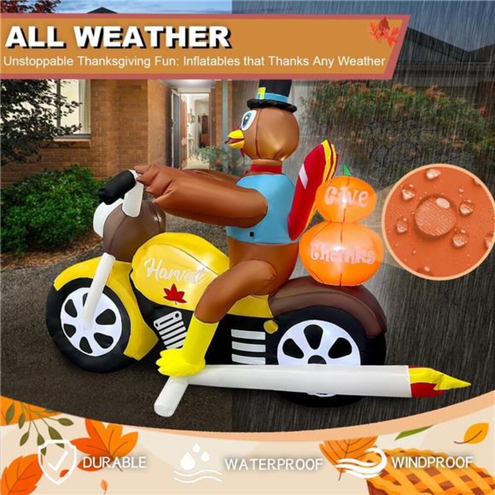 7FT Length Thanksgiving Inflatable Turkey Riding Motorcycle Decorations LED - Picture 5 of 7